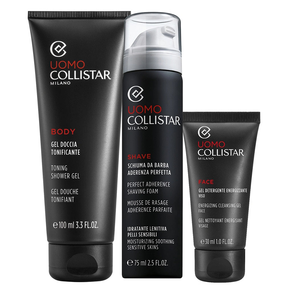 Collistar Uomo Gel Doccia Tonificante Kit Gel Doccia Tonificante 100 ml + Schiuma da Barba Aderenza Perfetta 75 ml + Gel Detergente Energizzante Viso 30ml