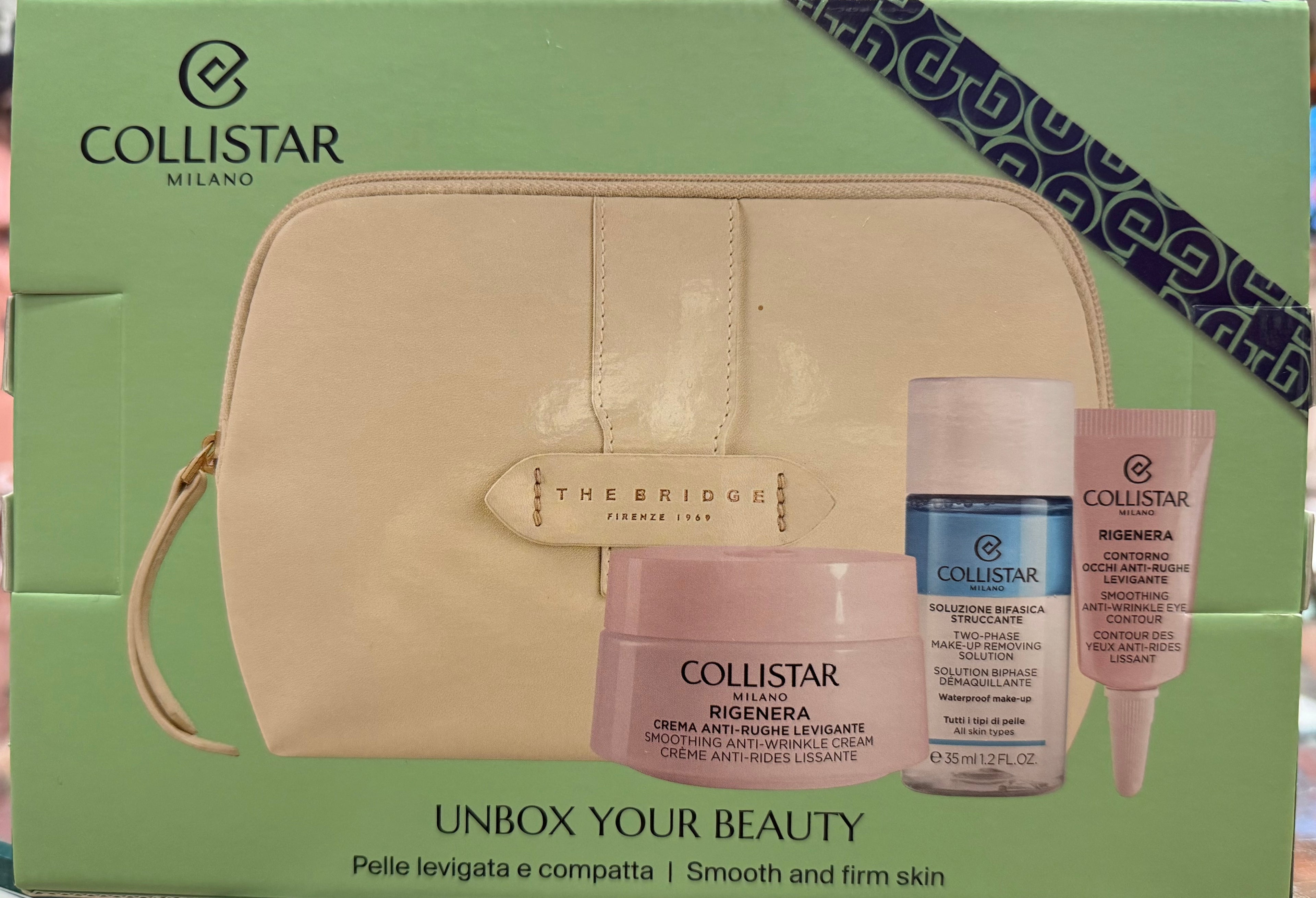 Collistar kit rigenera crema antirughe levigante 50 ml più soluzione bifasica stuccante 35 ml più contorno occhi antirughe e levigante cinque più Beauty the bridge